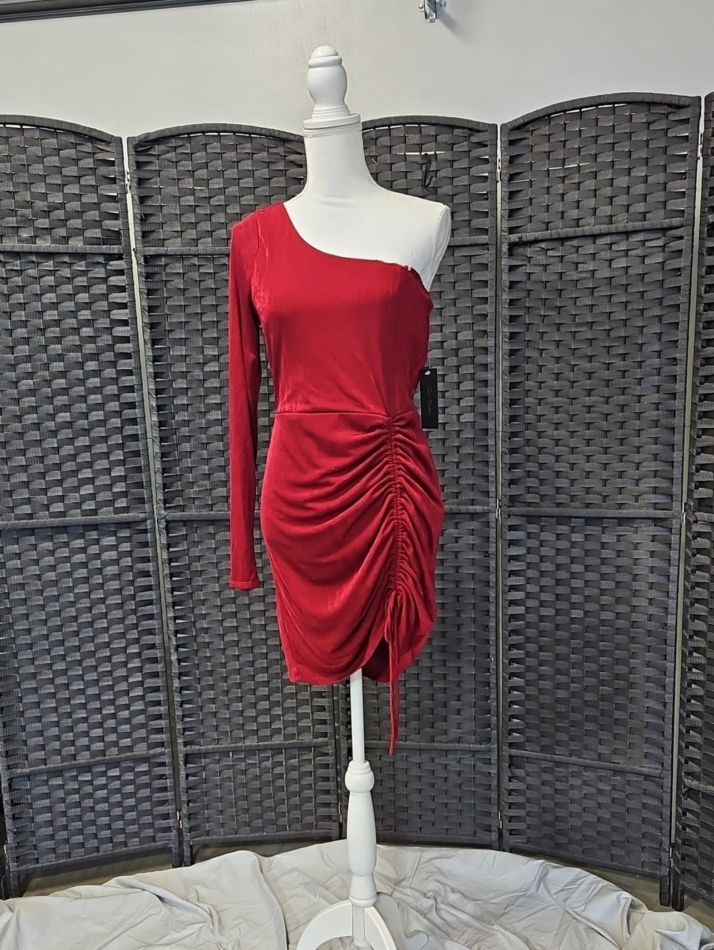 City Studio One-Shoulder Red Ruched Side-Tie Mini Dress